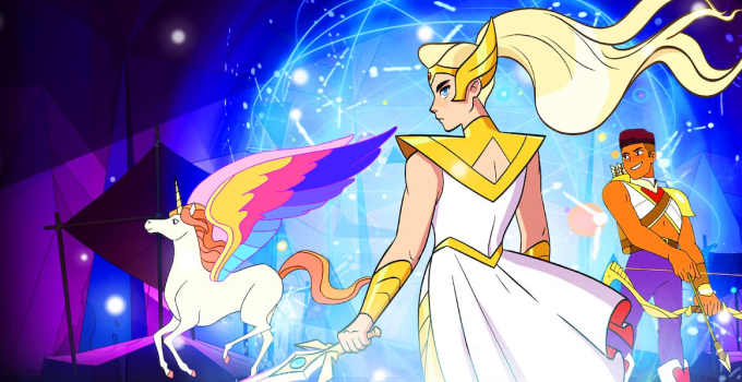 An image from the Netflix animation "She-Ra". We can she She-Ra with her back to us, looking like a badass, holding a sword. In the background is a beautiful pegasus unicorn with rainbow coloured wings, and Beau, her friend, with a bow and arrow.